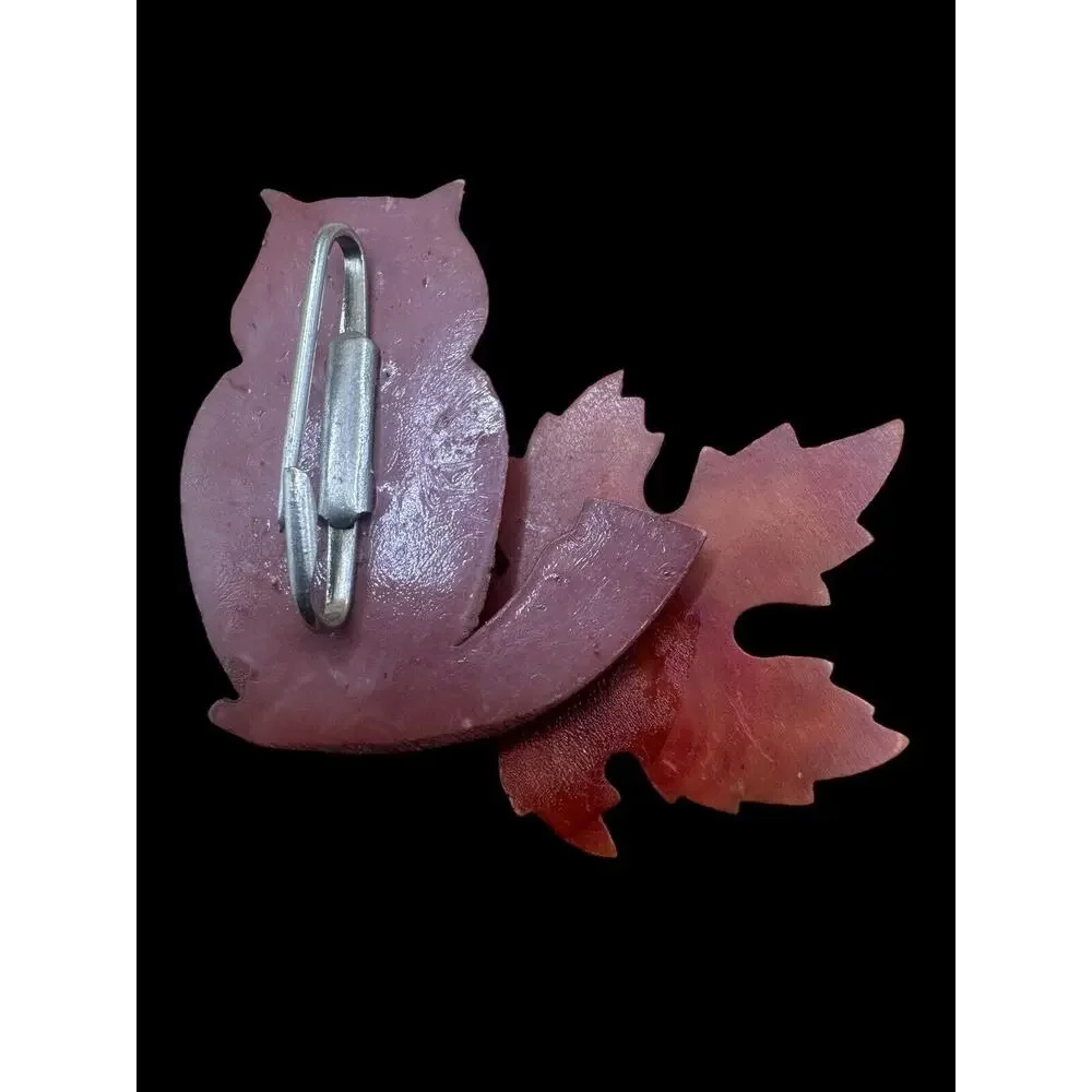 Vintage 1940s Celluloid Owl Pin Layered 3D Brooch‎ Quirky Jewelry Autumn Leaf